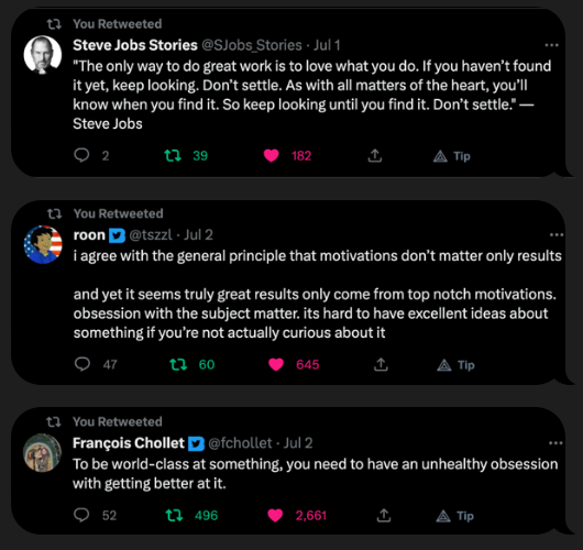 Tweet thread about great work and obsession